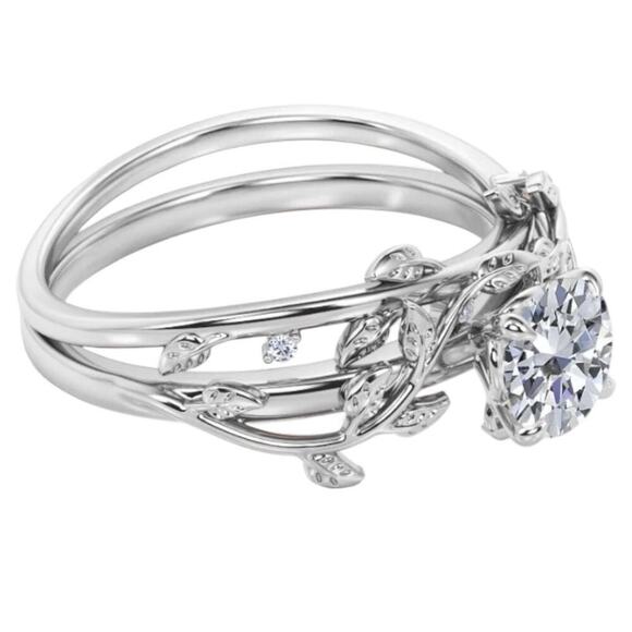 JeenMata Leaf CZ Engagement Ring 0.50 CT Round Cut 18K White Gold Silver Size 5 - Picture 2 of 10
